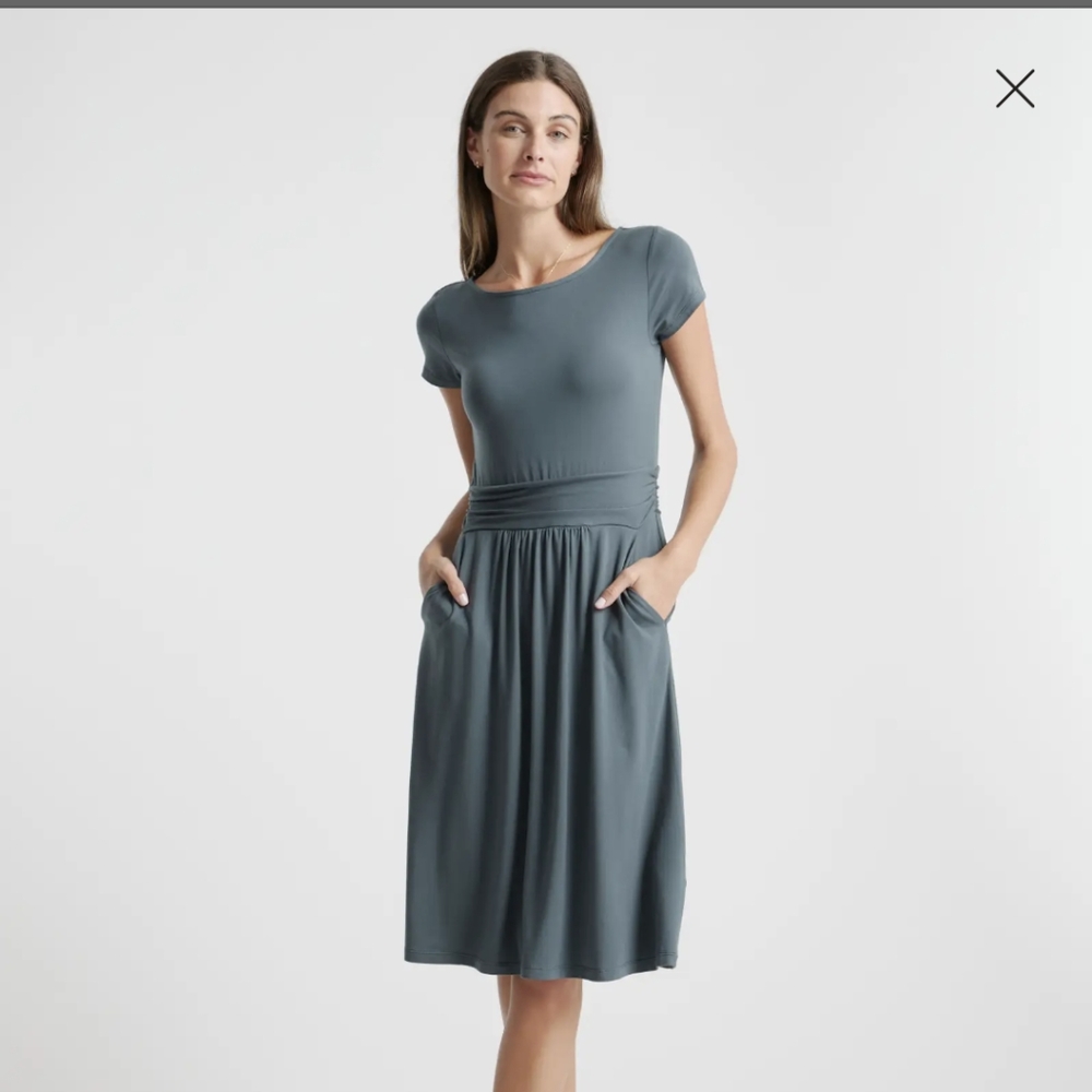 Quince Tencel Jersey Ruched Waist Dress XS Dark Olive Short Sleeve Women's NWT